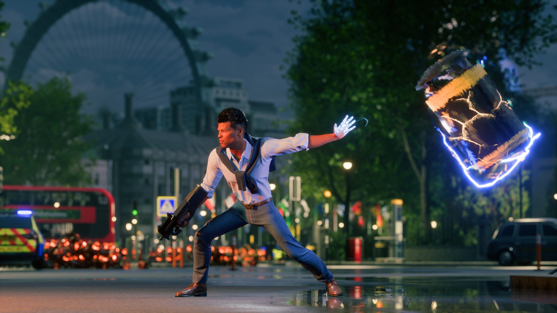 MVX: London gameplay: a hero hurls a glowing barrel with a physics ability on a London street by the London Eye