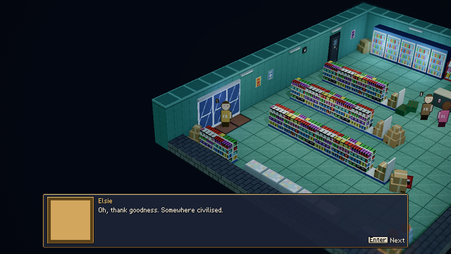 Project Dawn prologue: Elsie walks into a spaceport corner shop, shown as pixel-art characters in a lit 3D diorama with a dialogue box